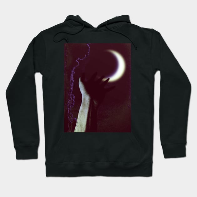 Digital collage and special processing. Hand pointing to the moon. Very beautiful. Low contrast, violet. Hoodie by 234TeeUser234